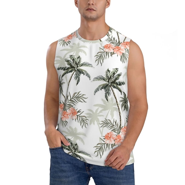 Fotbe Vintage Palm Trees Men's Camiseta sin Mangas Estampada para Hombres, Playera Casual para Gimnasio, Entrenamiento, Playa-Large