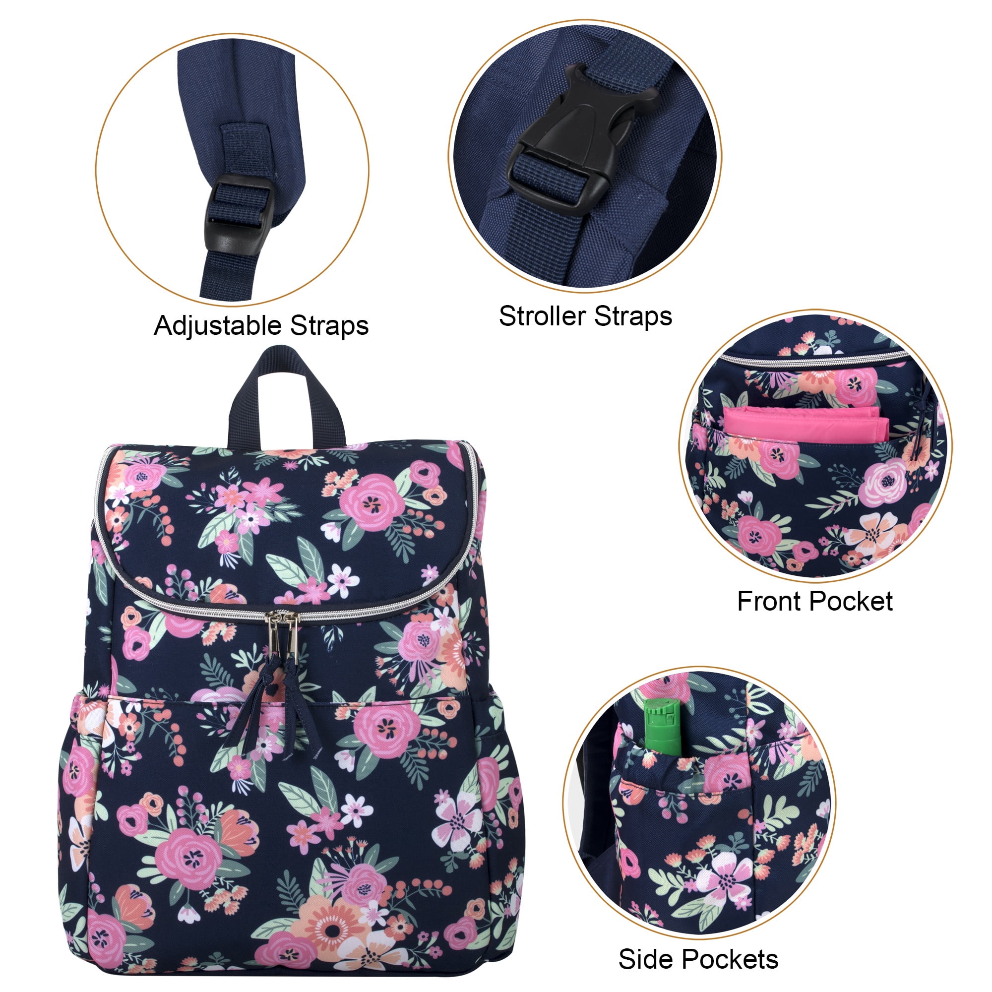 Baby Essentials 2 Piece Baby Diaper Backpack with Stroller Straps and Matching Changing Pad in Navy Blue & Baby Pink Floral