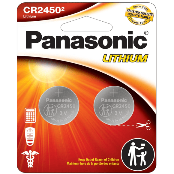 Panasonic CR2450 3V long-lasting lithium coin cell batteries, packaged in child-resistant, standards-compliant packaging, 2-pack.