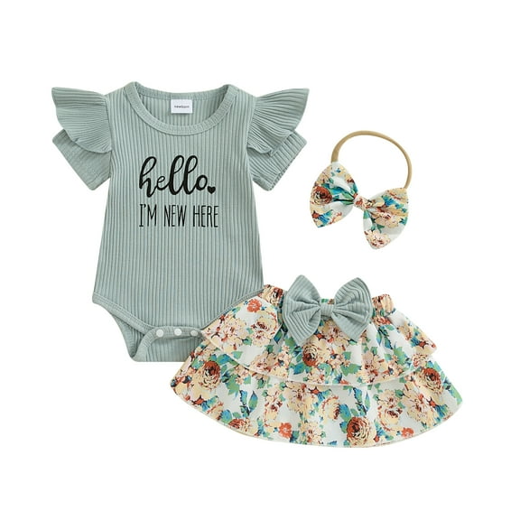 Musuos Newborn Girl Skirt Set 3M 6M Ribbed Letter Print Short Sleeve Romper Floral Print Ruffles Skirts Headband 3Pcs Clothes Set