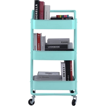 3-Tier Metal Mesh Rolling Cart Storage Organizer with Utility Handle and Wheels Turquoise