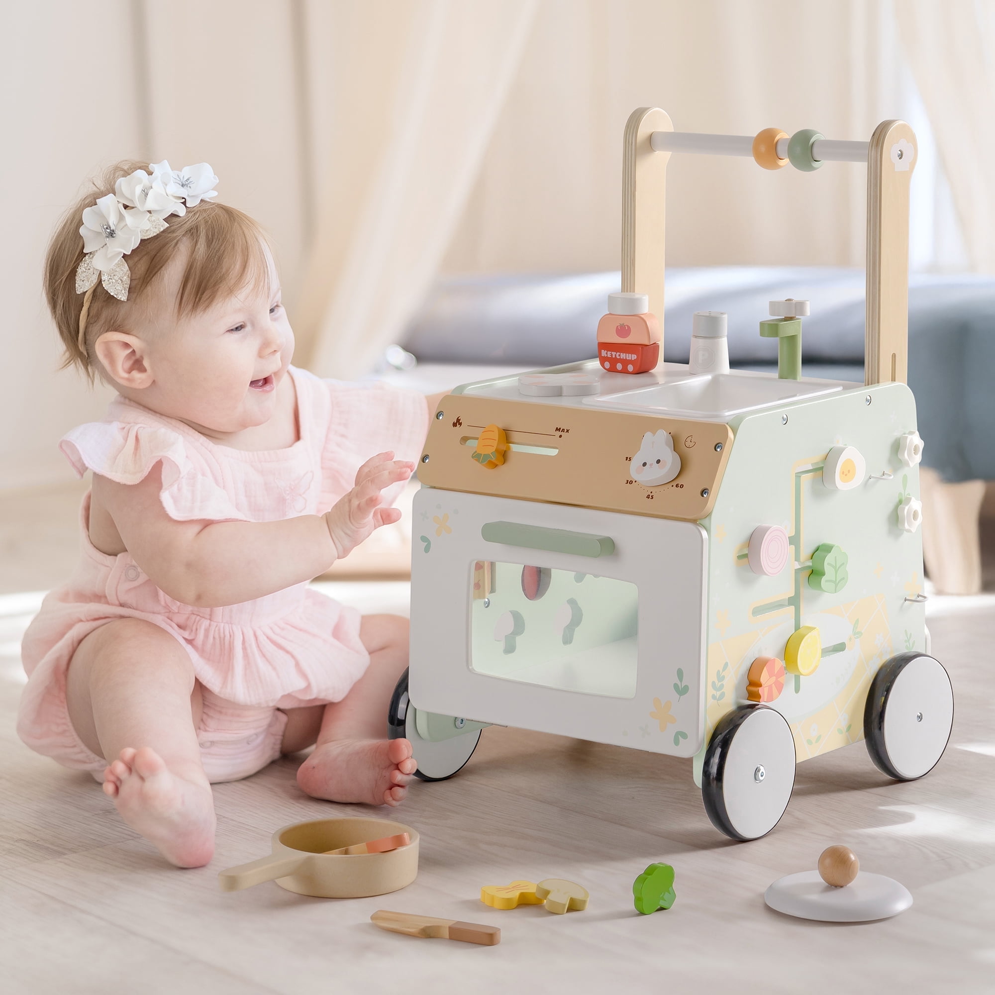 Robud Wooden Baby Push Walker – Montessori Learning Adjustable Toy with Activity Panel & Safety Wheels, Prevent O-Shaped Legs, for 10-12 Months 1 2 3 Years Old Girls Boys