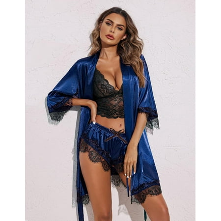 SkyAuks Silk Pajamas for Women  Women s Silk Satin Pajamas Set 4 Pieces Lingerie Floral Lace Sleepwear with Robe  Great for Honeymoon  Wedding Nights  Wine Red(XL)
