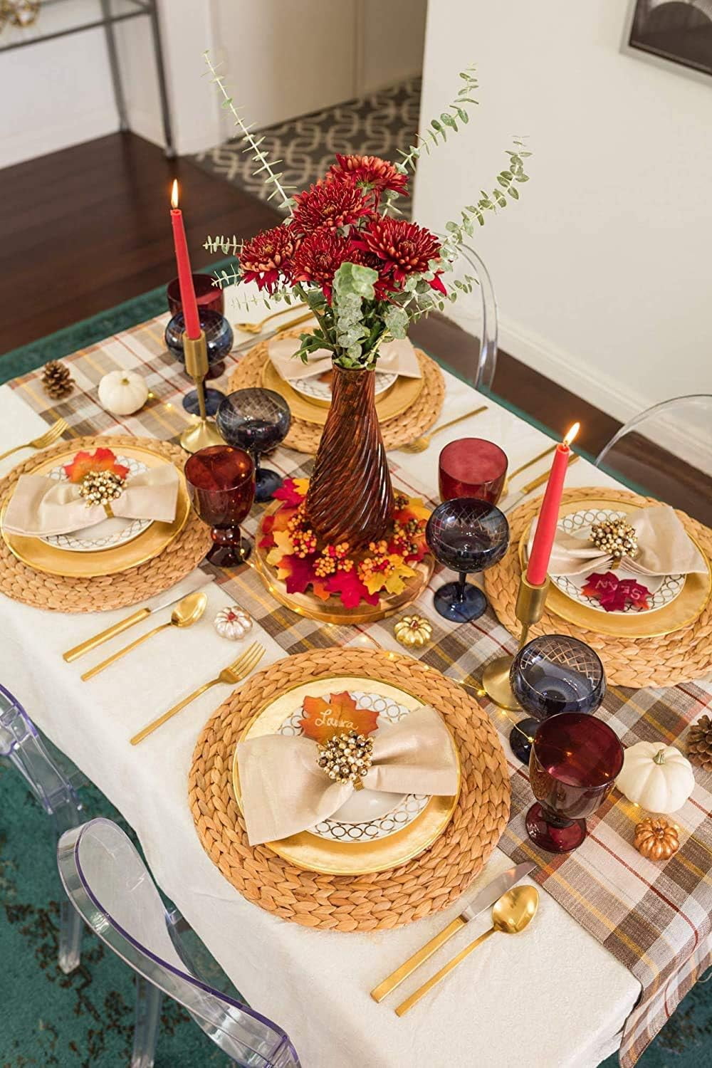 Gixusil 8 Pcs Woven Placemats,9.8 inches Round Plate Chargers Natural Wicker Placemats Water Hyacinth Straw Braided Tablemats Rattan Tablemats Rustic Weave Placemats for Dining Table