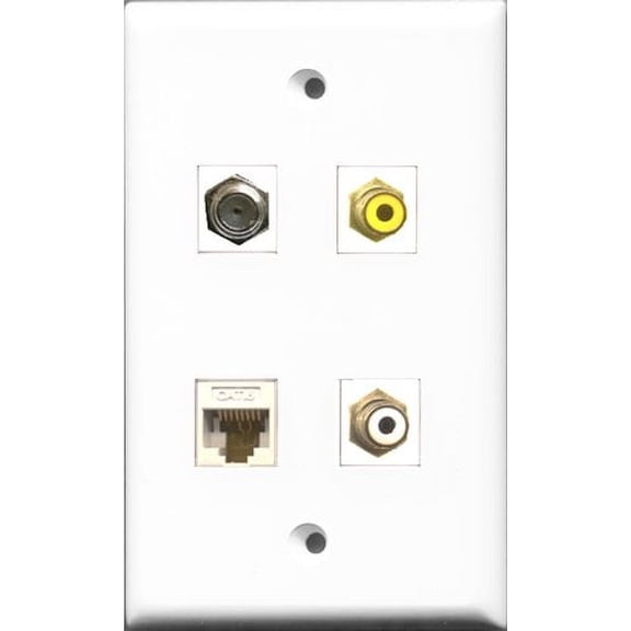 RiteAV 1 Port RCA White and 1 Port RCA Yellow and 1 Port Coax Cable TV- F-Type and 1 Port Cat6 Ethernet White Wall Plate