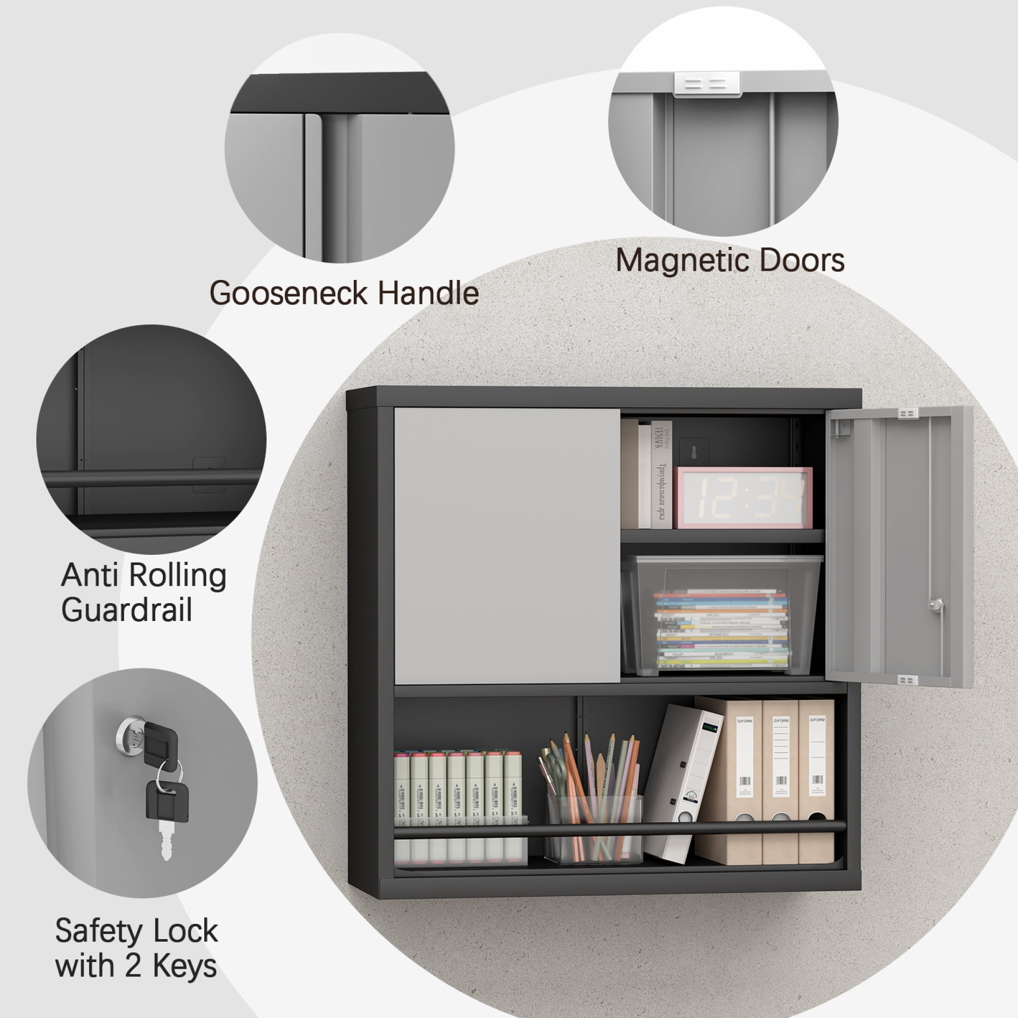 Kitchen Pantry Cabinet with Adjustable Shelves & 2 Doors,Metal Storage Cabinet with Locker for Kitchen,Living Room,Dining Room,Office,Black+Grey