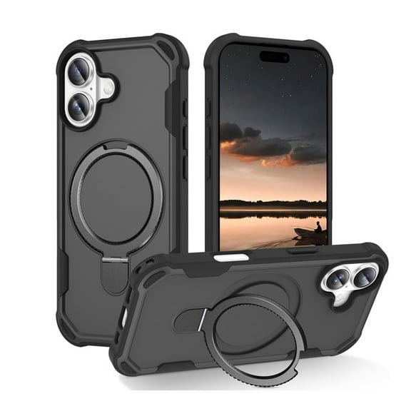 Protective Magnetic Kickstand Case for iPhone 17 with Tempered Glass Screen Protector - Black