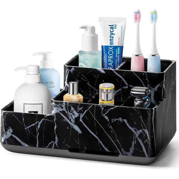 Porte-brosse à Dents Électrique pour Salle de Bain, Organisateur de Comptoir en Plastique, Plateau Organisateur de Coiffeuse, Boîte de Rangement pour Comptoir, Organisateurs et Rangement pour Enfants, Motif Marbre Noir