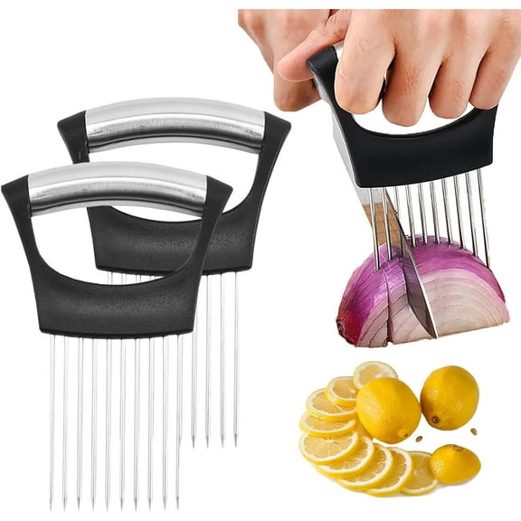 Onion Holder for Slicing, 2024 Upgraded Stainless Steel Lemon Slicer Onion Cutter for Slicing, Vegetable Cutter Kitchen Chopper Slicing Assistant Tool for Potato and Tomato Avocados Eggs Meat (2)
