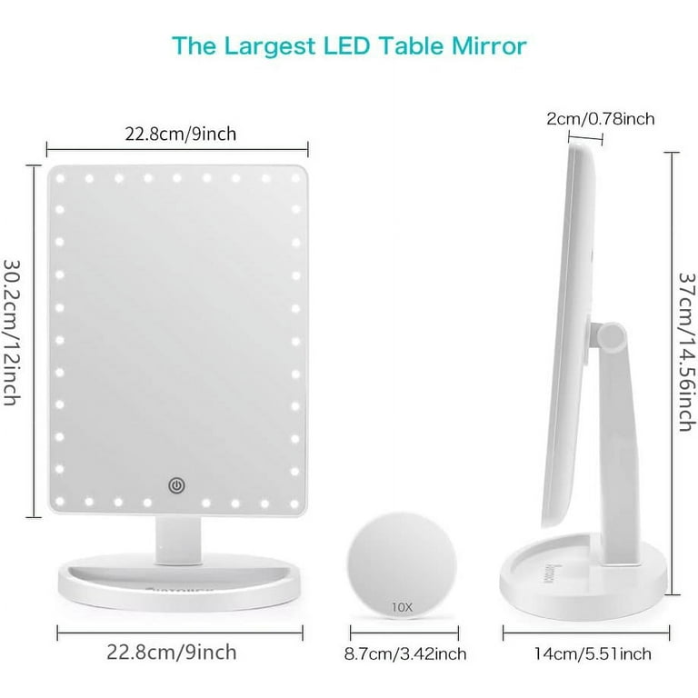 FUNTOUCH Large Lighted Vanity Makeup Mirror X Large with 35 LED Lights Touch Screen Dimmable and 10X Magnification Dual Power Supply 360 Rotation