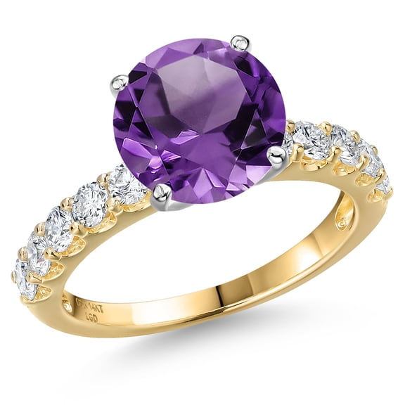 Gem Stone King 14K Two Tone Gold Purple Amethyst and Lab Grown Diamond Engagement Ring for Women | 4.00 Cttw | Round 10MM | Gemstone February Birthstone | Size 9