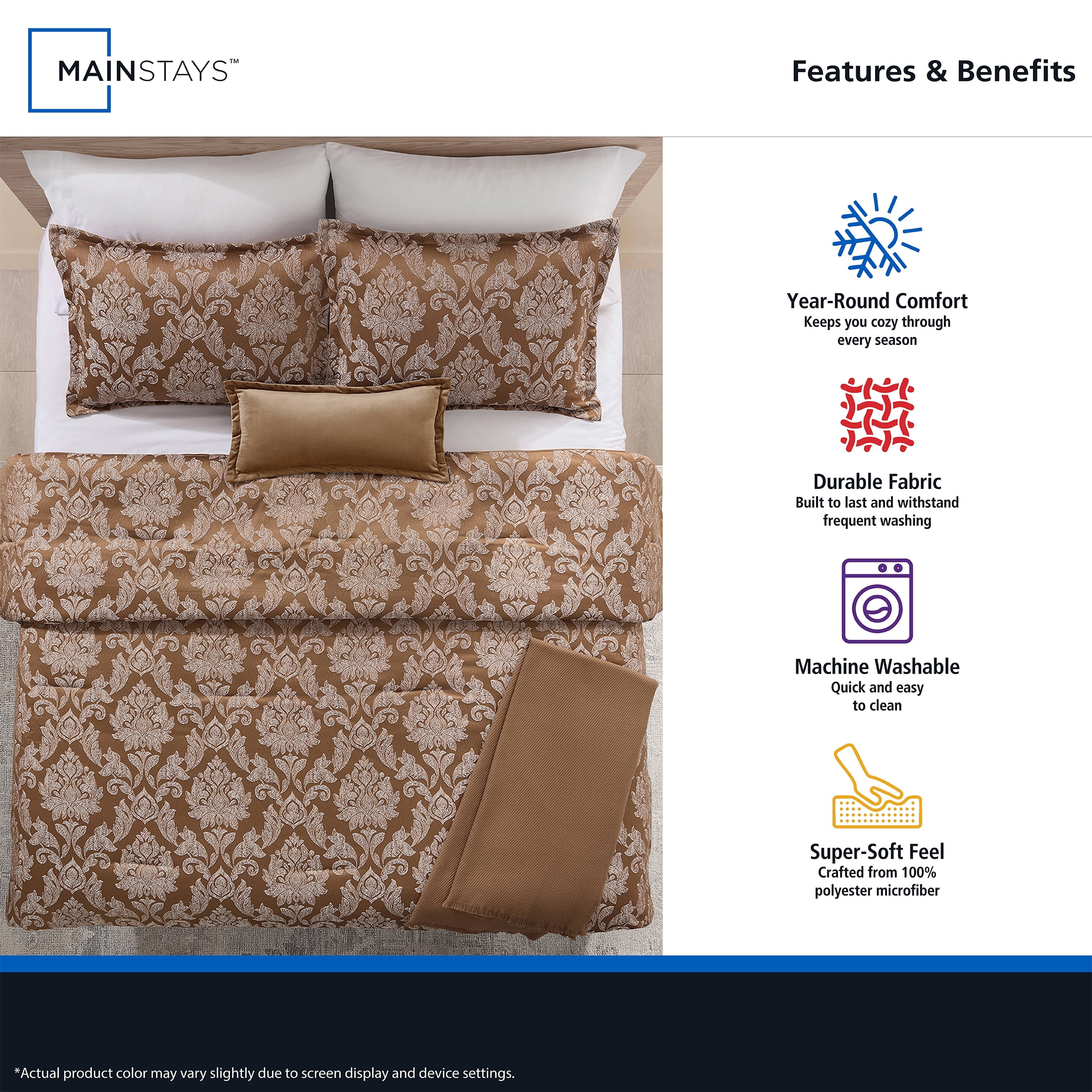 Mainstays Damask 4-Piece Brown Jacquard Comforter Set, Twin/Twin XL