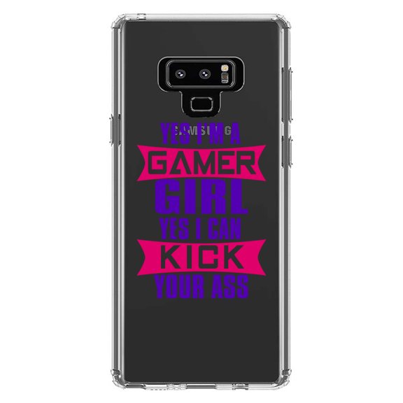 DistinctInk Clear Shockproof Hybrid Case for Samsung Galaxy Note 9 - TPU Bumper Acrylic Back Tempered Glass Screen Protector - Yes I'm a Gamer Girl I Can Kick you’re a$$