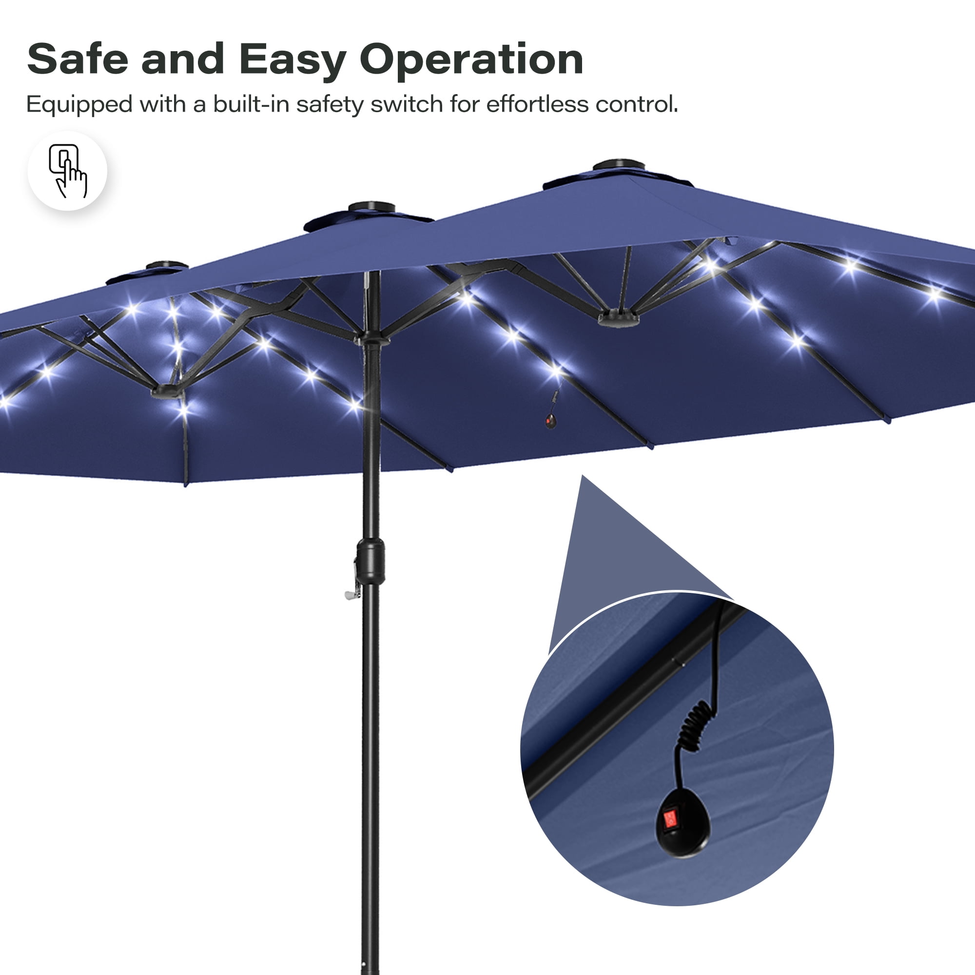 LAUSAINT HOME 15ft Double Sided Patio Umbrella with Base & Lights for Garden, Poolside, Navy Blue