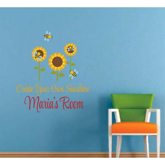 Create Your Own Sunshine Sunflower Customized Wall Decal - Custom Vinyl Wall Art - Personalized Name - Baby Girls Boys Kids Bedroom Wall Decal Room Decor Wall Stickers Decoration Size (20x18 inch)