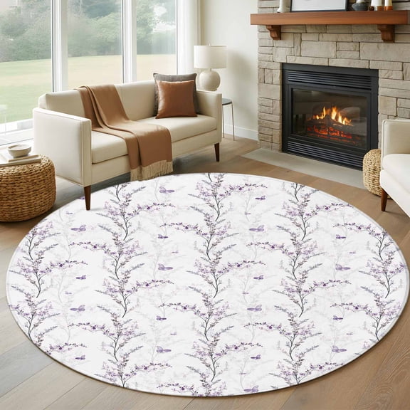 Purple Botanical Round Area Rug 6 FT, Non Slip Bedroom Area Rug, Butterfly Spring Floral Summer Botanical Washable Soft Circular Carpet Floor Mat for Kitchen Dining Room Home Office Kids Room