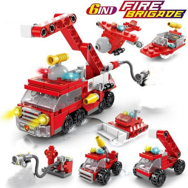 Mini tamaño 6 en 1 bloques de construcción DIY coche de policía camión de bomberos Castillo modelo ladrillos juguetes educativos para niños regalos,8612-7