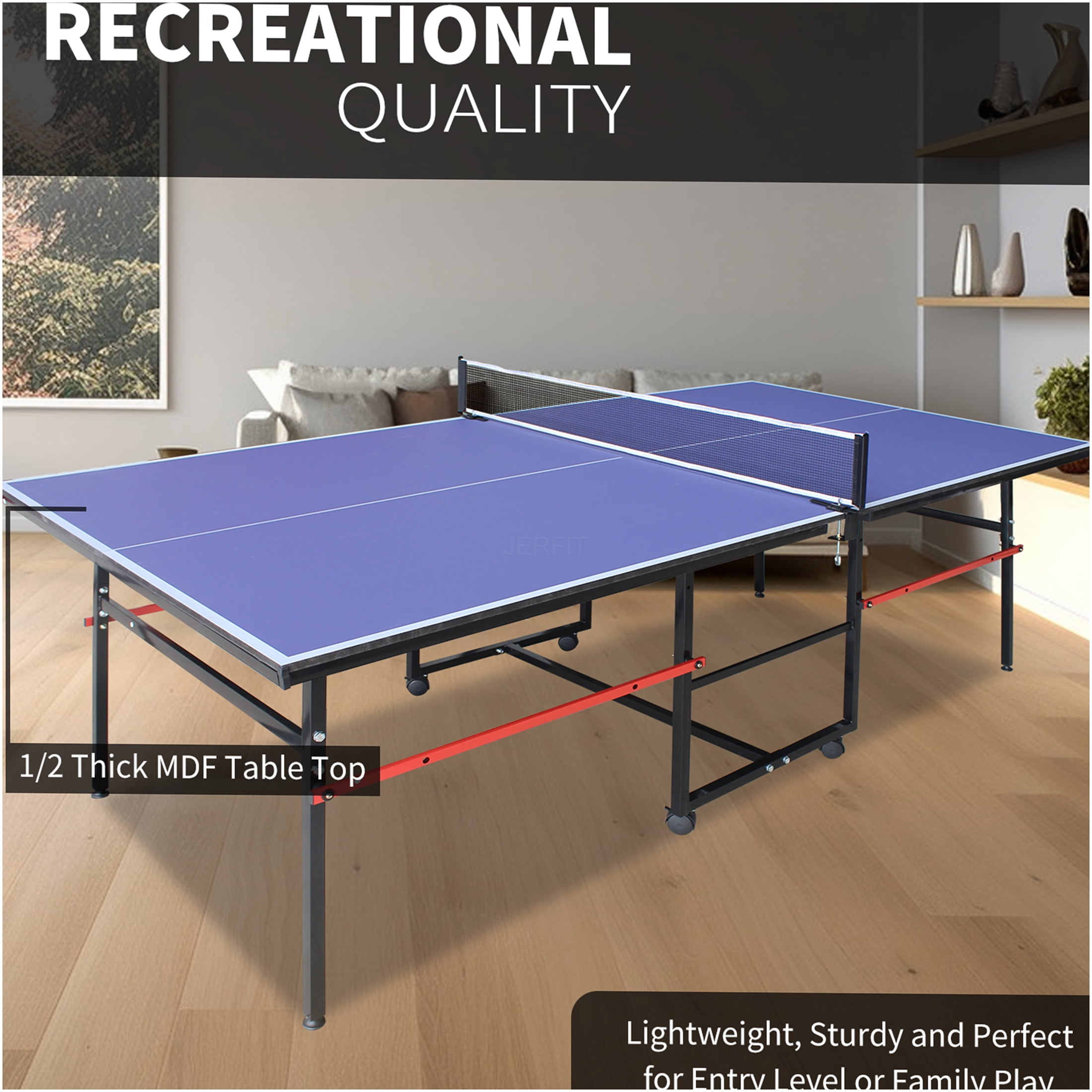 JERFIT 8ft Portable Ping Pong Table Set, Foldable MDF Surface Indoor Game Table with Net, Paddles & Balls, Blue