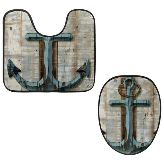 PhooArto Toilet Lid Cover and U-Shaped Toilet Floor Mat Set of 2 Pieces, Wooden Board Blue Anchor Toilet Mat Set, Machine Washable Seat Covers Non-Slip Absorbent Rugs