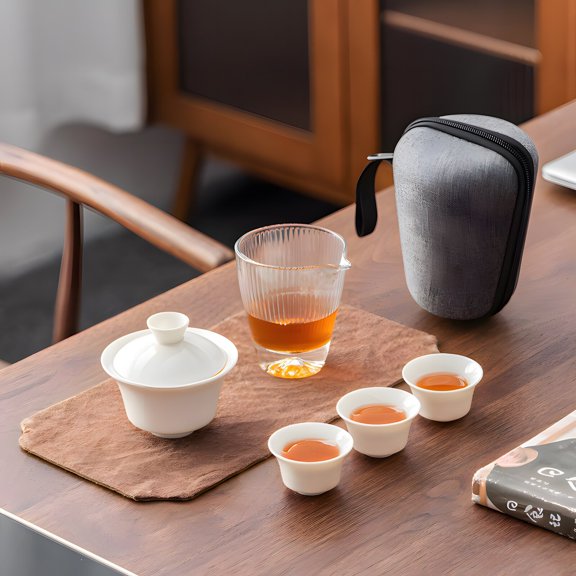 Ceramic Travel Gaiwan Kungfu Tea Set,Chinese Suet Jade White Porcelain Tea Bowl Set with Mat and Infuser,Portable for Home Business Outdoor Hotel