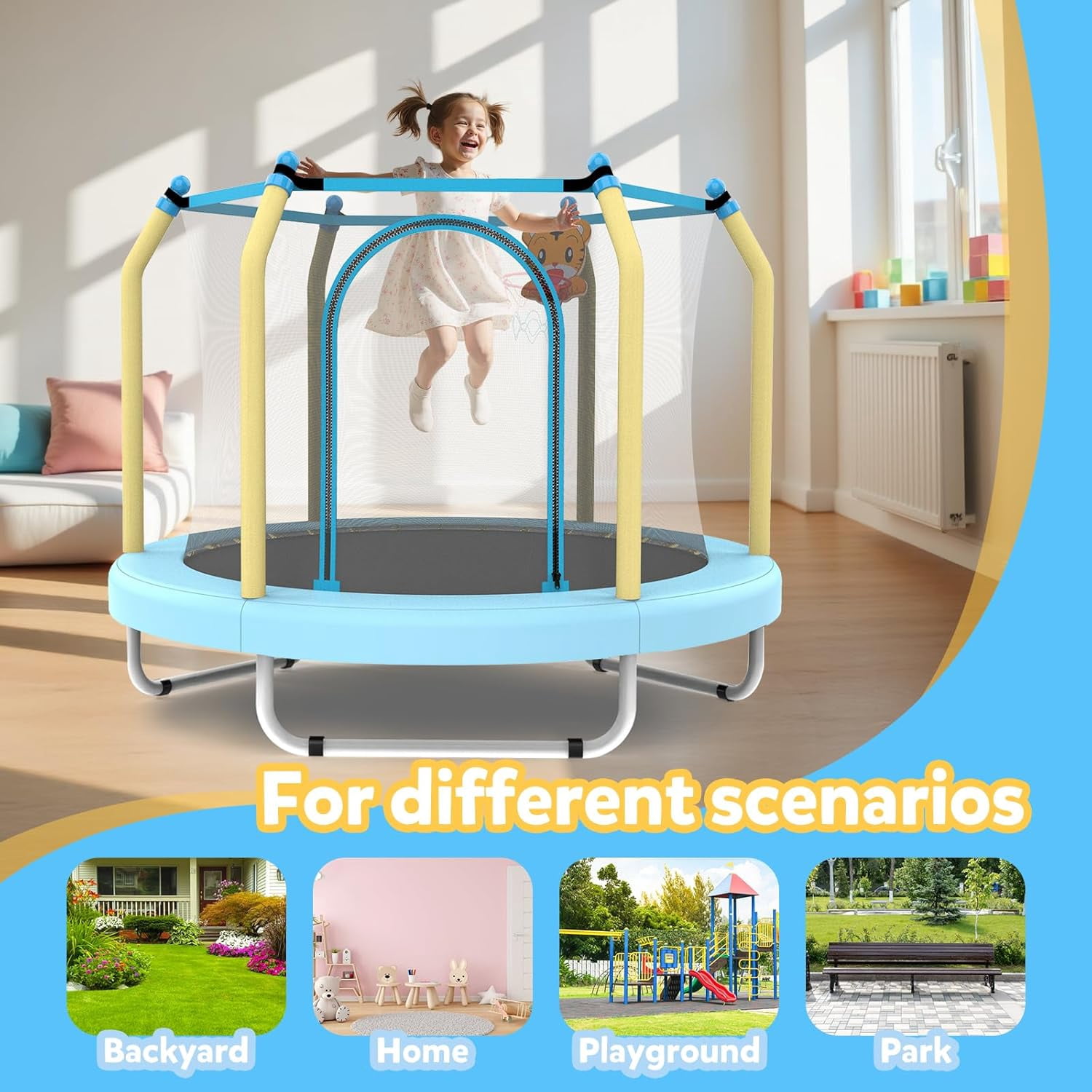 55" Trampoline for Kids, Mini Toddler Trampolines Indoor with Basketball Hoop & Safety Enclosure Net, No-Gap Safe Design for Boys Girls Ages 1-8