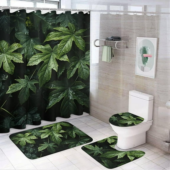 4 Piece Shower Curtain Set with Rugs Toilet Lid Cover Bath Mat Green Leaves Pattern Bath Curtain Waterproof Shower Curtains with 12 Hooks for Bathroom Decor