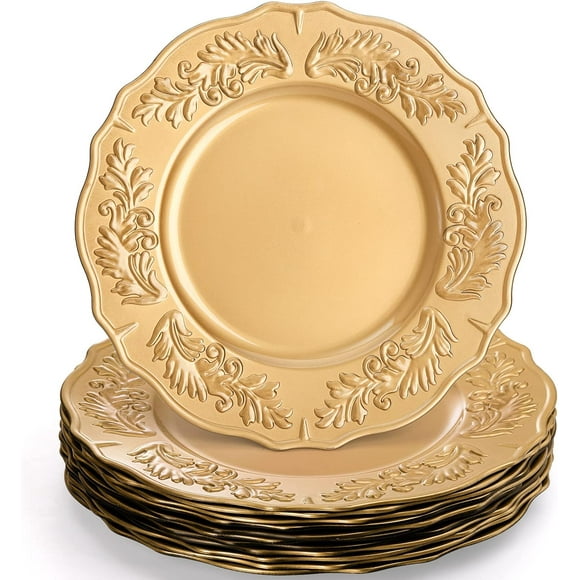 GFDYREE Set of 12 Gold Charger Plates, 12.8" Floral Rimmed Plastic Chargers for Dinner Plate, Decorative Table Charger Service Plates for Table Setting, Party, Weddings, Event