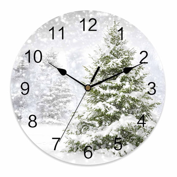 Wall Clock 12 Inch Winter Snowy Forest Round Silent Decorative Wall Clocks Battery Operated for Living Room Bedroom Kitchen Classroom Decor, Christmas Tree Themed,Large