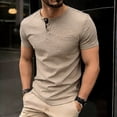 thumbnail image 2 of Men's Henley Shirts Short Sleeve Fitted Cotton Muscle T-Shirt with Button and Pocket Khaki, 2 of 9