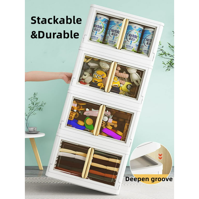 Storage bins with lids-23 Gal Stackable Storage Bins with a Wooden Lid, 2  Packs Folding Utility Crates,Dual Open Storage Bins with Wheels, Storage