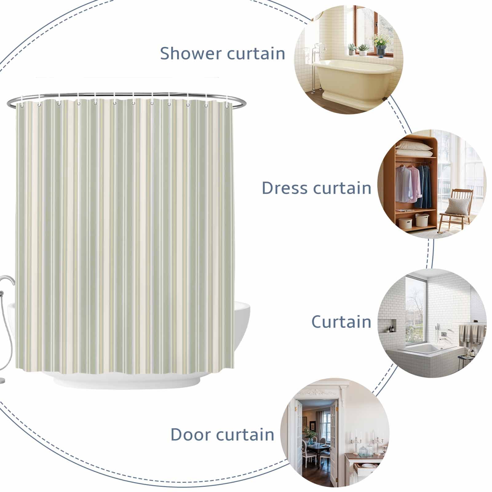 Green Stripe Shower Curtain, Vintage Abstract Art Farmhouse Green Vertical Stripe Waterproof Shower Curtain Set with 12 Hooks Lightweight Bath Curtains Fabric Bathroom Decor 72x72 Inches