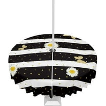 Outdoor Tablecloth Daisy Butterfly Round Patio Tablecloths 60 Inch, Table Cloths with Umbrella Hole and Zipper, Spring Flowers Black White Stripes Summer Table Cover for Outdoor Tables Garden