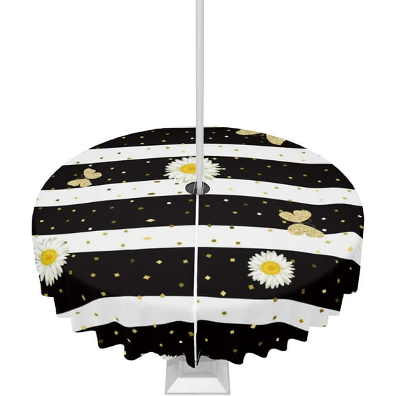 Outdoor Tablecloth Daisy Butterfly Round Patio Tablecloths 60 Inch, Table Cloths with Umbrella Hole and Zipper, Spring Flowers Black White Stripes Summer Table Cover for Outdoor Tables Garden