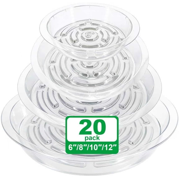 20 Pack Plant Saucers for Indoors – 6/8/10/12 Inch Clear Plastic Plant Trays for Pots | Flower Pot Saucers, Plant Drip Trays & Plastic Plant Water Catcher Trays.
