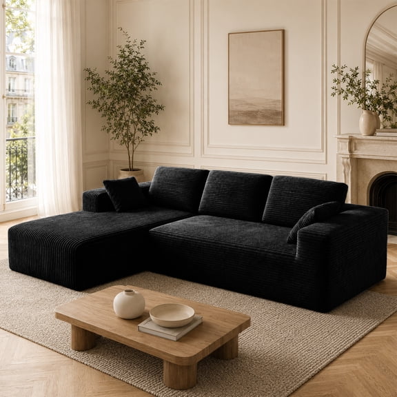 YunChuHome 93" L-Shaped Modular Sectional Sofa for Living Room with Chaise, Corduroy Deep Seat Cloud Boneless Couches, No Assembly Required Black