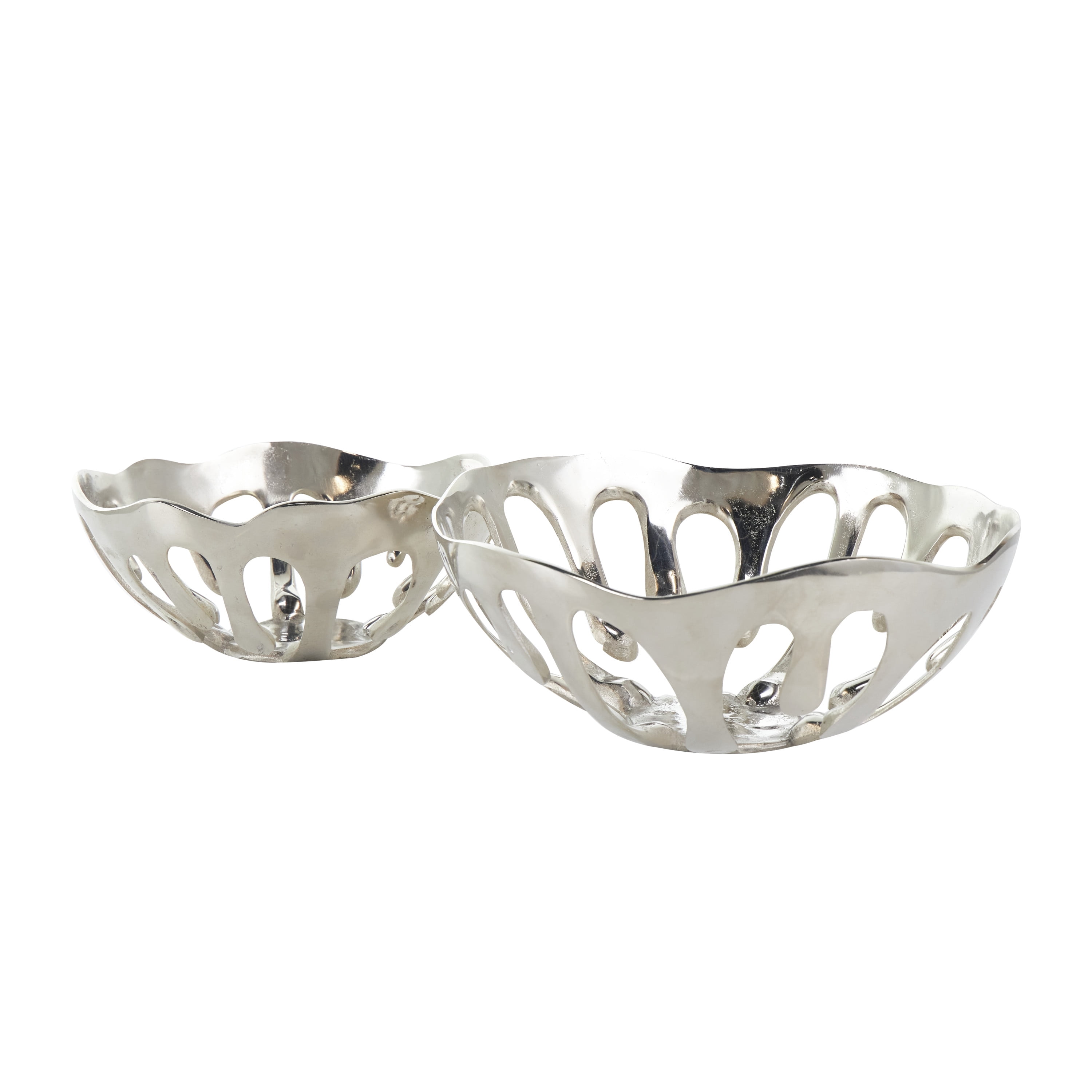 DecMode 13", 11"H Asymmetrical Drip Silver Aluminum Decorative Bowl with Melting Designed Body, Set of 2