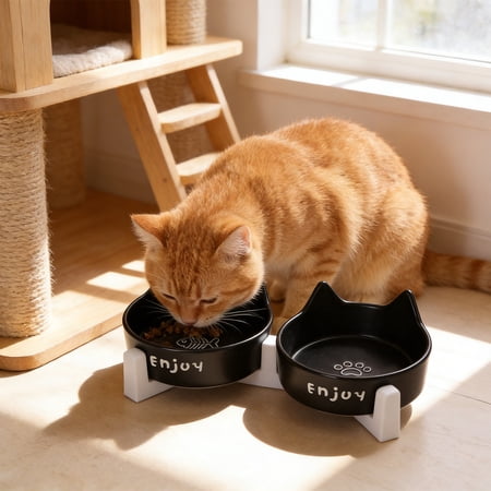 Moocorvic Ceramic Dog and Cat Bowl Set Pet Bowl with Wooden Stand Non-Slip Matte Glaze Weighted Food Water Cute Raised Feeder Cat Ear-6.76 OZ Black