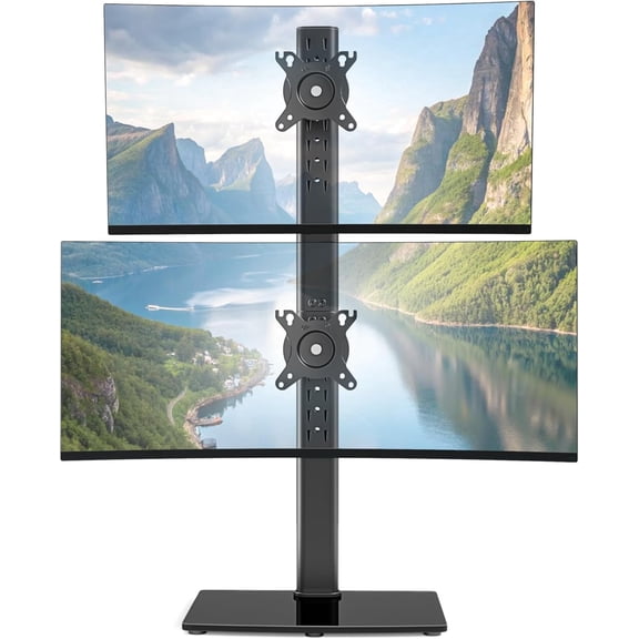 Vertical Dual Monitor Stand for 17–34 Inch Screens, Stacked Monitor Mount with 33.3" Pole & 12 Height Settings, Freestanding Desk Monitor Riser, Full Motion ±45° Tilt ±30° Swivel, 75/100 VESA