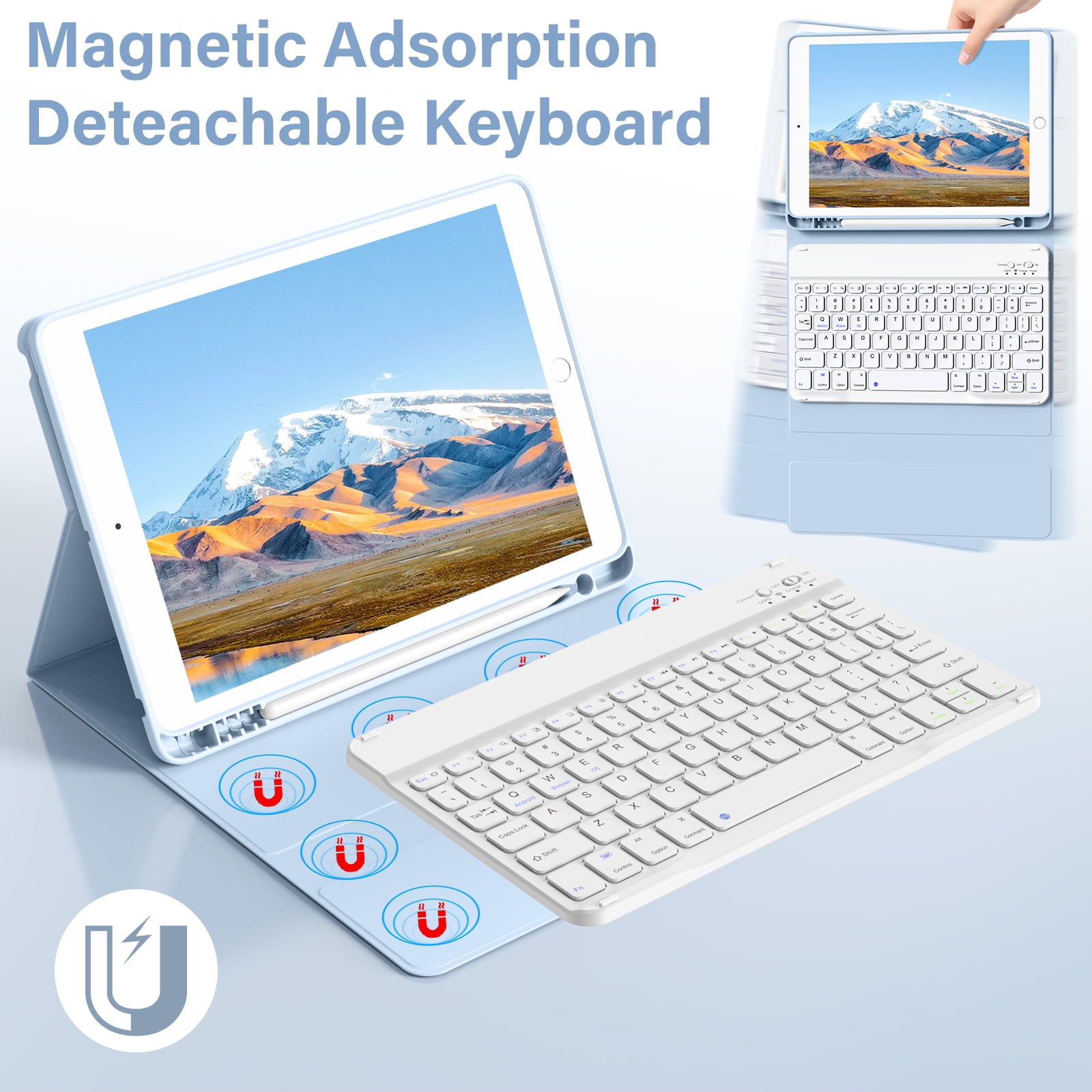 KenKe Keyboard Case for iPad 9th Generation 2021/8th Gen 2020/7th Gen 2019 10.2 Inch, Detachable Wireless Bluetooth Keyboard, Stand Folio Keyboard Cover with Pencil Holder, Auto Sleep/Wake,Light Blue