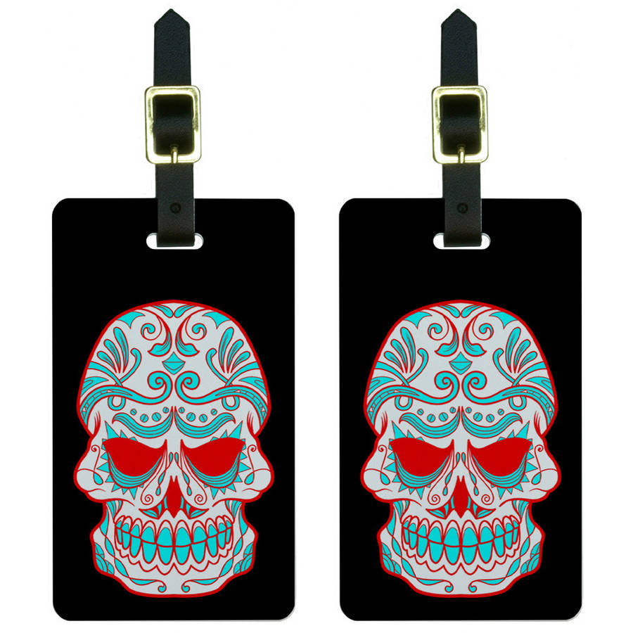 Mexican Day of the Dead Skull Luggage Tags Suitcase CarryOn ID, Set of