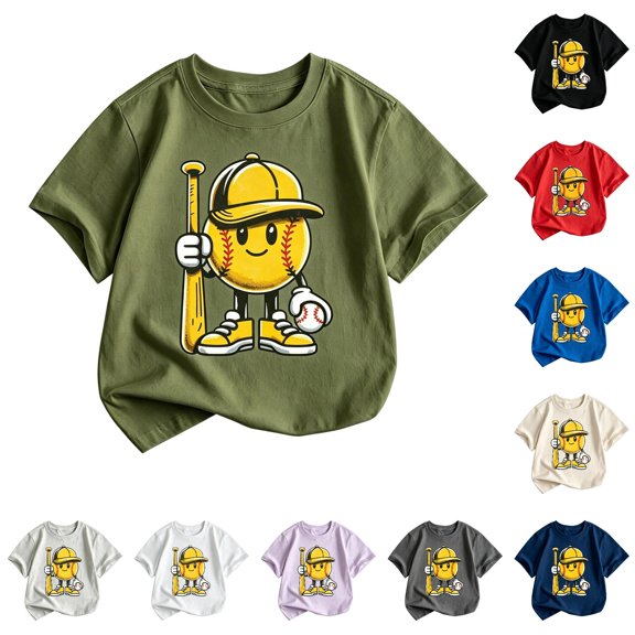 WERYOUNG Boys Graphic Tee With Cartoon Baseball Print Short Sleeve Crewneck T Shirts Toddler Kids Loose Fit Fashionable T-Shirts Versatile Top 2-3 Years