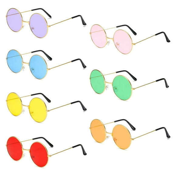 SPOKKI 7 Pieces Sunglasses, Round Party Glasses Retro Colorful Hippie Glasses Hippie Sunglasses from the 60s and 70s Pack of Sunglasses for Hippie Costumes and Parties