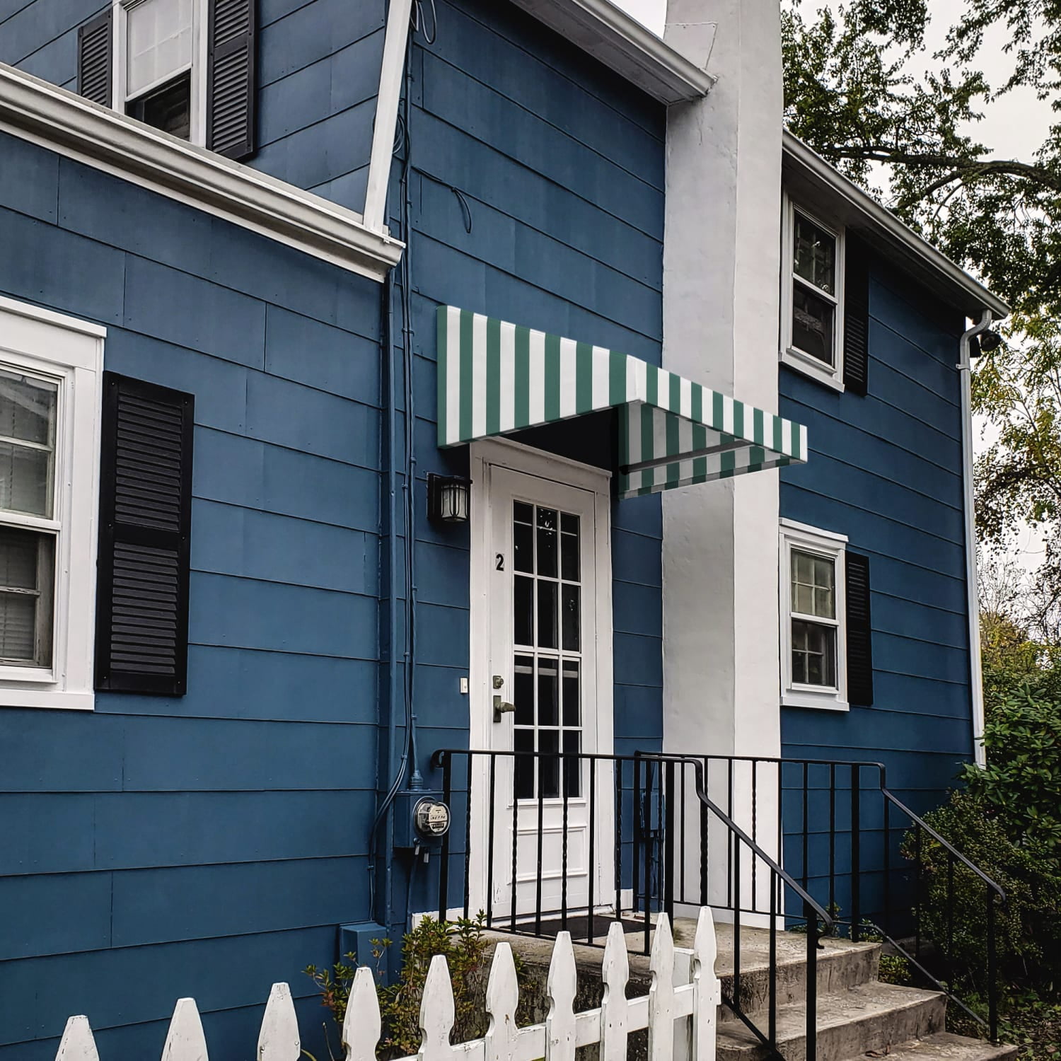 Awntech New Yorker Fixed Awning 64.5" x 18" x 36", Forest/White Stripe