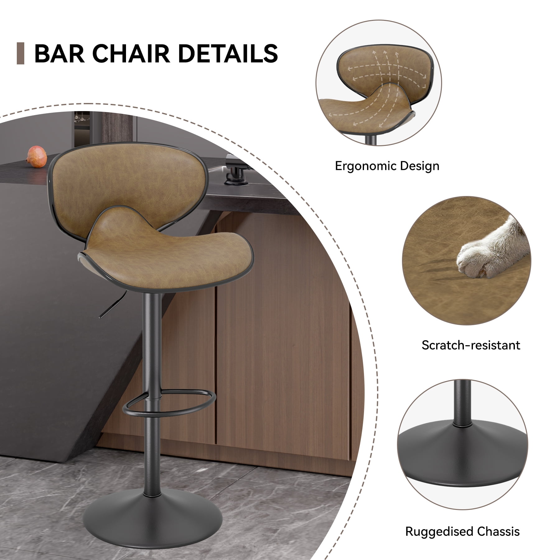 Hawsaiy Adjustable Swivel Bar Stools Set of 2 with Back and Footrest, Faux Leather Counter Height Kitchen Stools, Modern Bar Chairs for Island and Home Bar, Brown