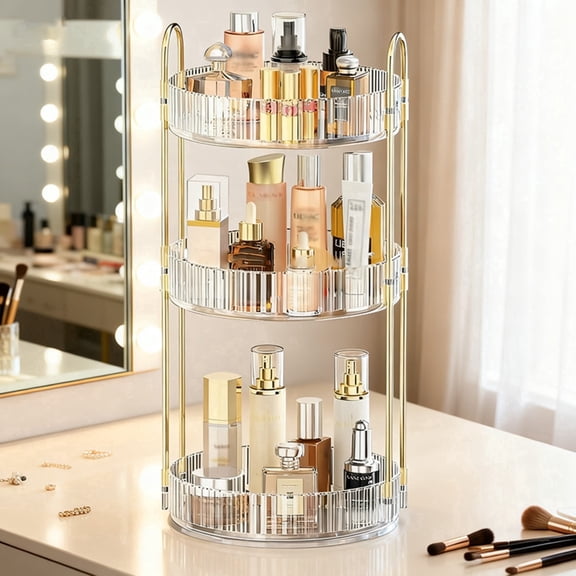 YHIPL 360°Rotating Makeup Organizer, 3-Tier Adjustable Clear Perfume Stand for Vanity (Clear, 3 Tier)