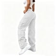 thumbnail image 4 of Karymi Women Clothing Corduroy Straight Leg Cargo Pants, Elastic Partial Drawstring High Waist Solid Trousers, Multi Flap Cargo Pockets Streetwear Biker Shorts Women, 4 of 5
