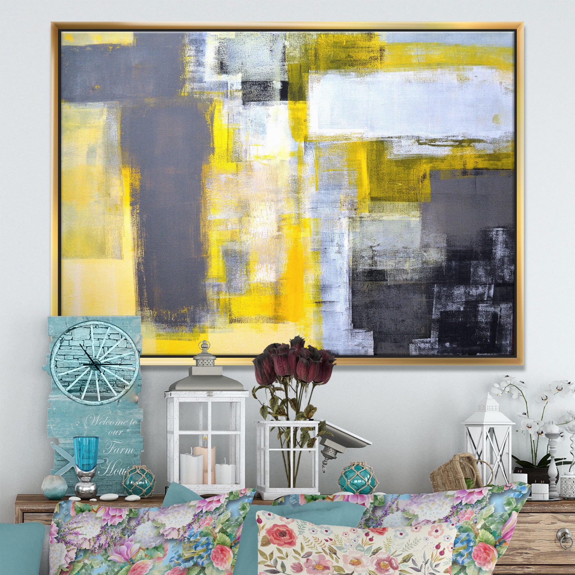Designart ' Grey and Yellow Blur Abstract ' Abstract Framed Canvas Art Print