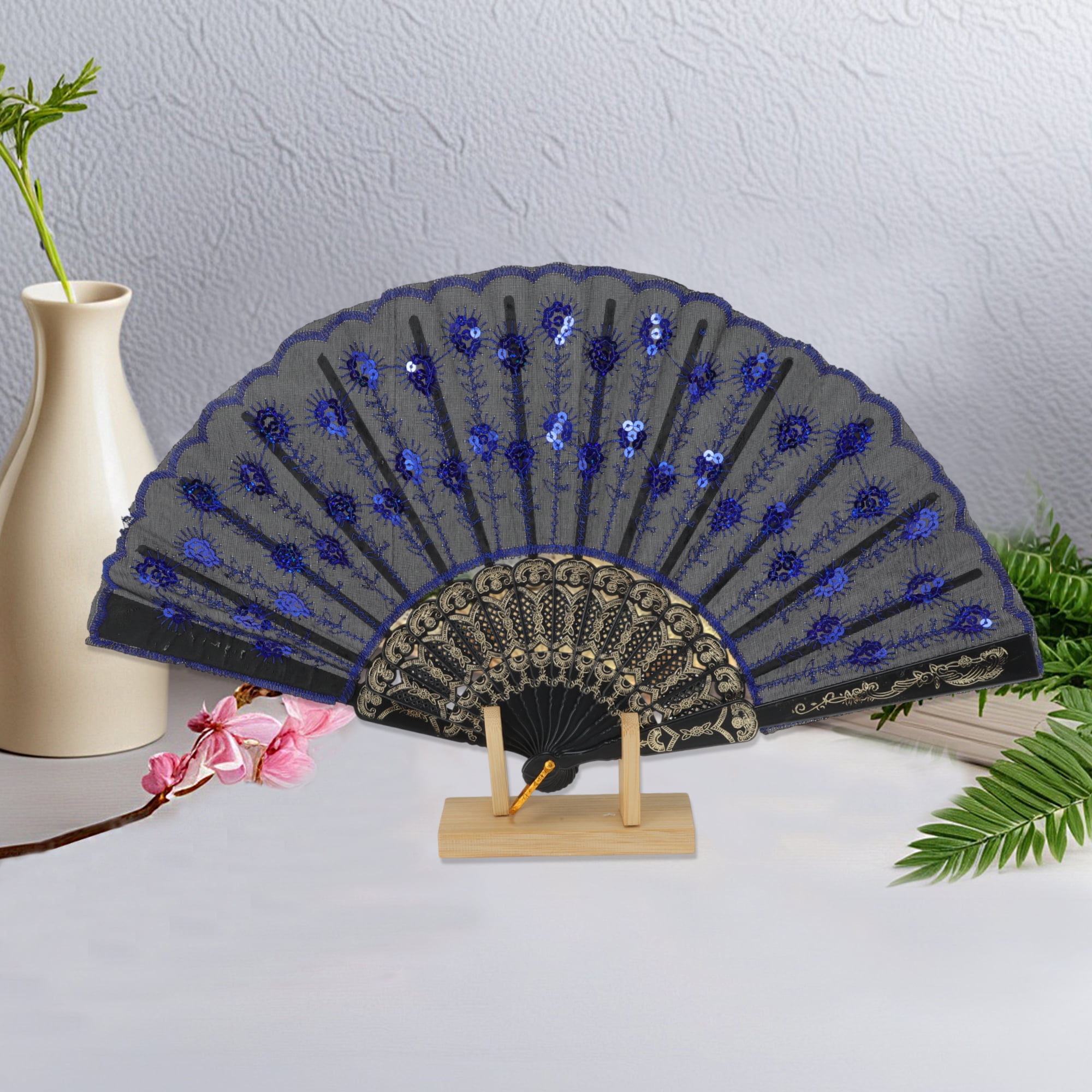 Unique Bargains Beautiful Sequins Folding Fan 1 Pc Dark Blue