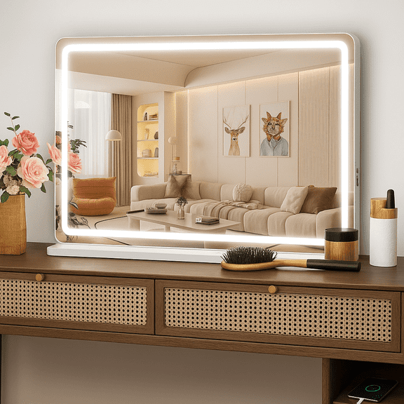 Blazezo 19x22" LED Vanity Mirror with Lights, Dimmable 3 Color Modes, 3600-6000K Lighted Makeup Mirror with Aluminum Frame, USB Charging Port, Memory Function, for Bedroom Desk Tabletop Wall Mount
