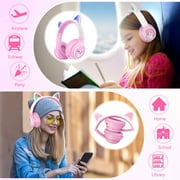 QearFun Kids Wireless Headphones, Cat Ear Headphones with LED Lights for Kids/Boys/Girls/Toddler Aged 3 up, Childrens Bluetooth Headphones Foldable with Microphone for Phone/Tablet/Laptop (Pink)